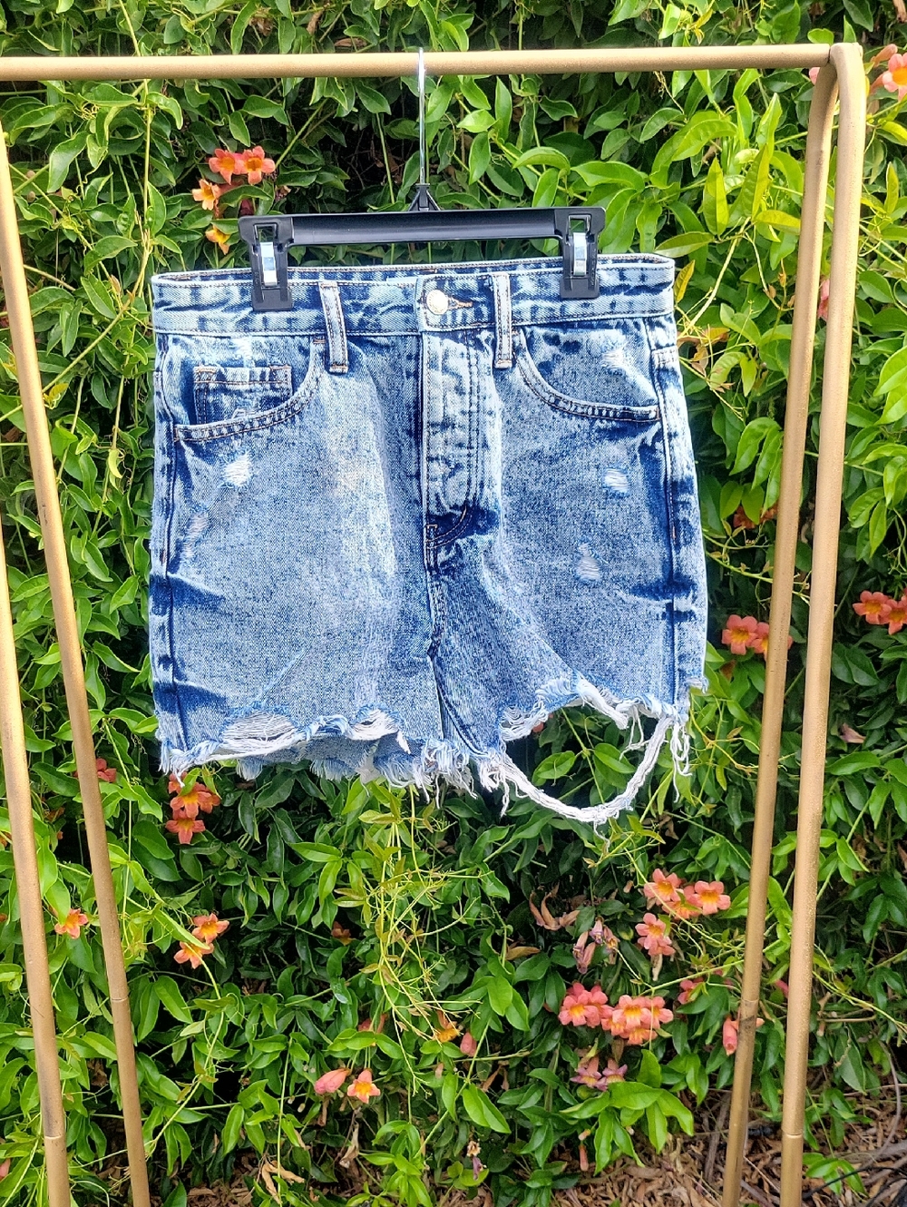 High-Rise Acid Wash Button Fly Denim Shorts - Blue